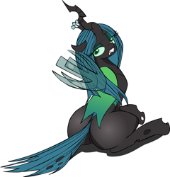 Size: 1209x1262 | Tagged: safe, artist:zev, queen chrysalis, changeling, changeling queen, bugbutt, butt, looking at you, looking back, looking back at you, plot, rear view, simple background, sitting, solo, white background