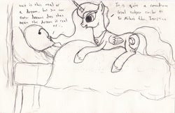 Size: 2544x1648 | Tagged: safe, artist:frikdikulous, princess luna, oc, oc:anon, alicorn, pony, bed, monochrome, sketch, text