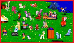 Size: 657x386 | Tagged: safe, artist:drpain, cheerilee, discord, dj pon-3, princess luna, rumble, trixie, vinyl scratch, alicorn, pony, unicorn, sega, sega genesis, toejam and earl, video game