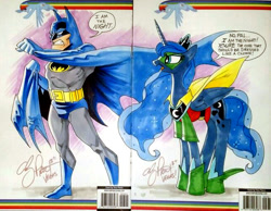 Size: 653x507 | Tagged: safe, artist:andypriceart, princess luna, human, andy you magnificent bastard, batman, con, crossover, dc comics, i am the night, robin