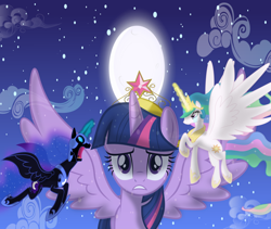 Size: 1024x863 | Tagged: safe, artist:heatwavemakesart, nightmare moon, princess celestia, twilight sparkle, twilight sparkle (alicorn), alicorn, pony, princess twilight sparkle (episode), season 4, crying, female, fight, mare, moon, scene interpretation, spread wings