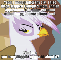 Size: 638x631 | Tagged: safe, derpibooru import, gilda, griffon, anti-bronybait, bronybait, caption, drama, gilda drama, image macro, loose cannon, meme, solo, vulgar