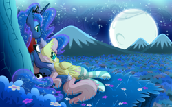 Size: 5000x3126 | Tagged: safe, artist:burnedpigeon, fluttershy, princess luna, alicorn, bat pony, bat pony alicorn, pony, bedroom eyes, clothes, cuddling, ear fluff, female, forest, galaxy mane, lesbian, lunabat, lunashy, mare, moon, night, on back, petting, race swap, shipping, sitting, slit eyes, smiling, snuggling, socks, striped socks, tree, under the tree