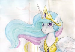 Size: 2548x1780 | Tagged: safe, artist:facelessukient, princess celestia, alicorn, pony, female, horn, mare, multicolored mane, solo, traditional art, white coat