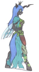Size: 553x1018 | Tagged: dead source, safe, artist:sirartemisderpington, queen chrysalis, anthro, changeling, changeling queen, unguligrade anthro, armor, solo, traditional art