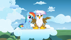 Size: 8000x4500 | Tagged: safe, artist:sigmavirus1, derpibooru import, gilda, rainbow dash, griffon, pegasus, pony, absurd resolution, chickub, cloud, cloudy, cute, filly, gildadorable, hilarious in hindsight, li'l gilda, turnabout storm, vector, younger