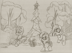 Size: 1024x745 | Tagged: safe, dj pon-3, fluttershy, princess luna, rainbow dash, vinyl scratch, alicorn, pegasus, pony, unicorn, princess twilight sparkle (episode), banner, black and white, drawing, equestria daily, filly, grayscale, mystery box of plot importance, scratching, sketch, twilight scepter, wip