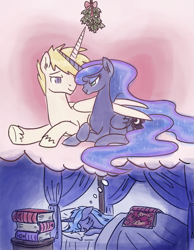 Size: 777x1000 | Tagged: safe, artist:king-kakapo, princess luna, oc, alicorn, pony, alicorn oc, book, canon x oc, dream, mistletoe, sleeping