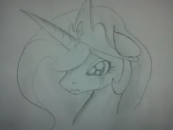 Size: 2592x1944 | Tagged: safe, artist:zev, princess celestia, alicorn, pony, crying, grayscale, monochrome, solo