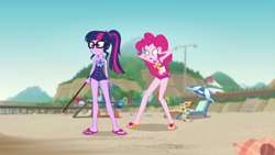 Size: 1280x720 | Tagged: safe, screencap, pinkie pie, sci-twi, twilight sparkle, better together, equestria girls, friendship math, beach, clothes, duo, duo female, feet, female, flip-flops, geode of sugar bombs, geode of telekinesis, sandals, swimsuit, the ass was fat, umbrella