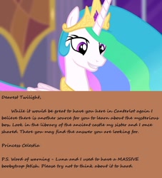 Size: 800x880 | Tagged: safe, princess celestia, alicorn, pony, castle mane-ia, season 4, letter, solo, text