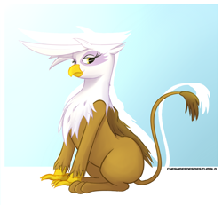 Size: 1024x945 | Tagged: safe, artist:cheshiresdesires, derpibooru import, gilda, griffon, abstract background, female, looking at you, sitting, solo