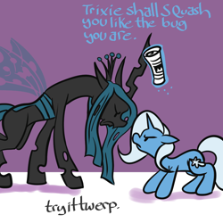 Size: 1000x1000 | Tagged: safe, artist:fauxsquared, artist:trixeismagic, queen chrysalis, trixie, changeling, changeling queen, newspaper, trixie is magic