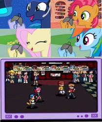 Size: 1003x1201 | Tagged: safe, babs seed, fluttershy, princess luna, rainbow dash, alicorn, pegasus, pony, controller, exploitable meme, eyes closed, female, gamer babs, gamer dash, gamer luna, gamer meme, gamershy, happy, hoof hold, mare, meme, obligatory pony, open mouth, pink mane, scott pilgrim vs the world, scott pilgrim vs the world: the game, screen, smiling, tv meme, yellow coat