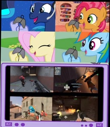 Size: 1148x1322 | Tagged: safe, babs seed, fluttershy, princess luna, rainbow dash, alicorn, pegasus, pony, controller, engineer, exploitable meme, eyes closed, female, gamer babs, gamer dash, gamer luna, gamer meme, gamerdash, gamershy, happy, hoof hold, mare, meme, obligatory pony, open mouth, pink mane, pyro, scout, screen, smiling, spy, team fortress 2, tv meme, yellow coat