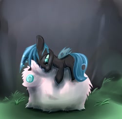 Size: 1600x1560 | Tagged: safe, artist:bluestreakfus, queen chrysalis, oc, oc:fluffle puff, changeling, changeling queen, nymph, cuddling, cute, cutealis, female, filly, filly queen chrysalis, foal, grass, hug, miss fluffy fluffs, pile, plushie, prone, smiling, solo, toy, younger