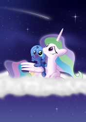 Size: 1200x1697 | Tagged: safe, artist:arvaus, princess celestia, princess luna, alicorn, pony, cewestia, filly, woona