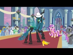 Size: 1024x768 | Tagged: safe, edit, edited screencap, screencap, princess cadance, queen chrysalis, twilight sparkle, alicorn, changeling, changeling queen, pony, a canterlot wedding, banana, fedora, female, hat