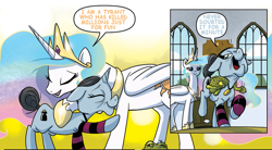 Size: 951x524 | Tagged: safe, artist:amy mebberson, edit, idw, princess celestia, alicorn, pony, comic, professor inkwell, text edit, tyrant celestia