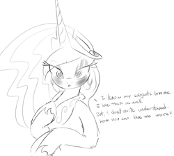 Size: 1057x951 | Tagged: safe, artist:zev, princess celestia, oc, oc:anon, alicorn, pony, blushing, dialogue, female, grayscale, mare, monochrome, solo