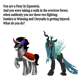 Size: 2000x2000 | Tagged: safe, king sombra, queen chrysalis, changeling, changeling queen, pony, unicorn, bronybait, text, what do