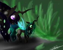 Size: 1500x1200 | Tagged: safe, artist:leasmile, queen chrysalis, oc, changeling queen, nymph, changeling queen oc, cute, cutealis, duo, duo female, female, filly, filly queen chrysalis, foal, mare, mother and child, mother and daughter, parent and child, signature, younger