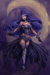 Size: 1000x1501 | Tagged: safe, artist:mellifluousadventure, princess luna, human, armor, belly button, breasts, cleavage, clothes, crescent moon, female, fingerless gloves, gloves, humanized, midriff, moderate dark skin, shoulderless, solo, winged shoes