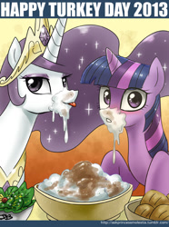 Size: 650x873 | Tagged: safe, artist:johnjoseco, princess celestia, twilight sparkle, twilight sparkle (alicorn), alicorn, pony, ask princess molestia, food, gravy, mashed potatoes, messy, princess molestia, thanksgiving