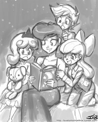 Size: 800x1000 | Tagged: safe, artist:johnjoseco, apple bloom, princess luna, scootaloo, sweetie belle, human, adorabloom, bedtime story, cute, cutealoo, cutie mark crusaders, diasweetes, grayscale, humanized, lunabetes, monochrome, reading, teddy bear