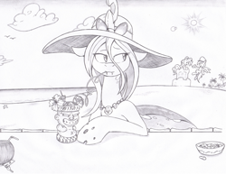 Size: 1275x989 | Tagged: safe, artist:joey darkmeat, derpy hooves, pinkie pie, queen chrysalis, changeling, changeling queen, earth pony, pegasus, pony, bar, beach, drink, female, hat, mare, monochrome, traditional art
