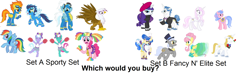 Size: 2248x704 | Tagged: safe, derpibooru import, caesar, fancypants, fleetfoot, fleur-de-lis, fluttershy, gilda, lilac sky, pinkie pie, prince blueblood, rainbow dash, rarity, royal ribbon, sapphire shores, soarin', spitfire, spring step, sunlight spring, earth pony, griffon, pegasus, pony, unicorn, bronybait, idea, question, stock vector, would you buy this