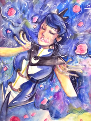 Size: 675x900 | Tagged: safe, artist:miumiuchuu, princess luna, human, crossover, floating, flower, hamlet, humanized, light skin, on back, solo, water