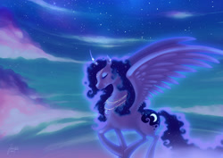 Size: 1280x905 | Tagged: safe, artist:juliwu, princess luna, alicorn, pony, cloud, cloudy, necklace, night, solo, stars