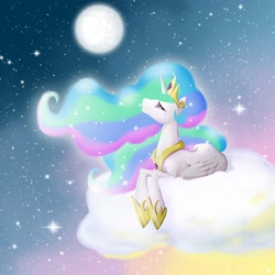 Size: 2000x2000 | Tagged: safe, artist:kelisah, princess celestia, alicorn, pony, cloud, crying, feels, mare in the moon, moon, night, solo, stars