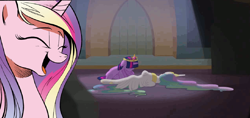 Size: 1266x596 | Tagged: safe, princess cadance, princess celestia, twilight sparkle, twilight sparkle (alicorn), alicorn, pony, princess twilight sparkle (episode), season 4, cadance laughs at your misery, deadlestia, exploitable meme, female, mare, meme, obligatory pony, palindrome get, you monster