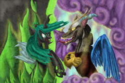 Size: 3000x2000 | Tagged: safe, artist:shiv3ry, discord, queen chrysalis, changeling, changeling queen, draconequus, female, green eyes, horn, male