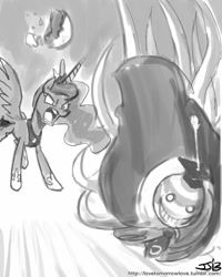 Size: 800x1000 | Tagged: safe, artist:johnjoseco, princess luna, alicorn, pony, assassination classroom, grayscale, korosensei, monochrome, moon