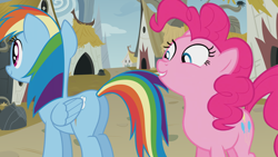 Size: 1360x768 | Tagged: safe, artist:rsa.fim, edit, edited screencap, part of a set, screencap, pinkie pie, rainbow dash, earth pony, pegasus, pony, the lost treasure of griffonstone, griffonstone, the ass was fat