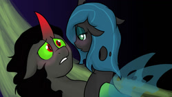 Size: 1366x768 | Tagged: safe, artist:riquis101, king sombra, queen chrysalis, changeling, changeling queen, pony, unicorn, blushing, chrysombra, female, male, shipping, straight