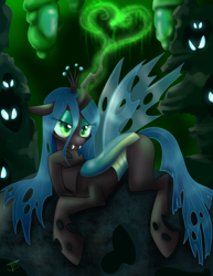 Size: 2550x3300 | Tagged: safe, artist:jitterbugjive, queen chrysalis, changeling, changeling queen, cocoon, female, heart, magic