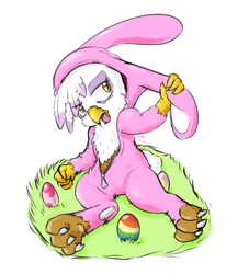 Size: 2000x2200 | Tagged: safe, artist:osakaoji, derpibooru import, gilda, griffon, rabbit, bunny costume, clothes, costume, easter, easter bunny, easter egg, egg, solo