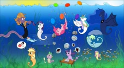 Size: 1207x662 | Tagged: safe, artist:ultrathehedgetoaster, applejack, derpy hooves, fluttershy, pinkie pie, princess celestia, princess luna, rainbow dash, rarity, spike, steven magnet, twilight sparkle, fish, sea pony, apple, balloon, book, bubble, clothes, male, mane six, question mark, scroll, seapony applejack, seapony celestia, seapony fluttershy, seapony luna, seapony pinkie pie, seapony rainbow dash, seapony rarity, seapony twilight, seaweed, species swap, speech bubble, suit, swimming, tuxedo, underwater, water