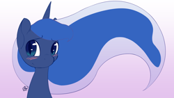 Size: 1280x720 | Tagged: safe, artist:florecentmoo, princess luna, alicorn, pony, blushing, bust, female, looking at you, portrait, simple background, slit eyes, solo, white background