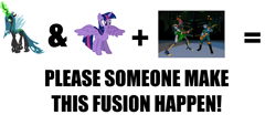 Size: 1200x497 | Tagged: safe, queen chrysalis, twilight sparkle, twilight sparkle (alicorn), alicorn, changeling, changeling queen, pony, bob, crossover, exploitable meme, female, guitars, image macro, make it happen, mare, megabyte, meme, meta, reboot, reboot series, request