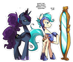 Size: 1701x1434 | Tagged: dead source, safe, artist:herny, princess luna, oc, oc:freefall, alicorn, pony, alternate design, armor, luna-afterdark, mirror, night guard, ponytail, unamused