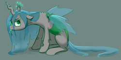 Size: 1000x500 | Tagged: safe, artist:junkiekb, queen chrysalis, changeling, changeling queen, female, pouting, simple background, solo, tongue out, transparent wings, wip