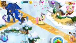 Size: 1136x640 | Tagged: safe, fancypants, fluttershy, princess luna, princess platinum, private pansy, rarity, alicorn, pegasus, pony, unicorn, butt wings, eyes on the prize, gameloft