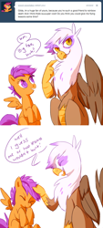 Size: 400x888 | Tagged: safe, derpibooru import, gilda, scootaloo, griffon, ask, ask gilda, tumblr