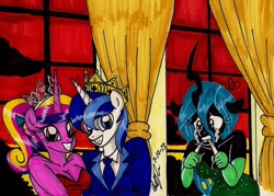 Size: 1353x969 | Tagged: safe, artist:newyorkx3, princess cadance, queen chrysalis, shining armor, anthro, changeling, changeling queen, biting, clothes, crown, crying, dress, grin, gritted teeth, looking at you, prom, sad, smiling, suit, traditional art