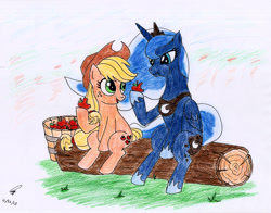 Size: 3240x2540 | Tagged: safe, artist:dieihellden, applejack, princess luna, alicorn, earth pony, pony, apple, log, sitting, traditional art